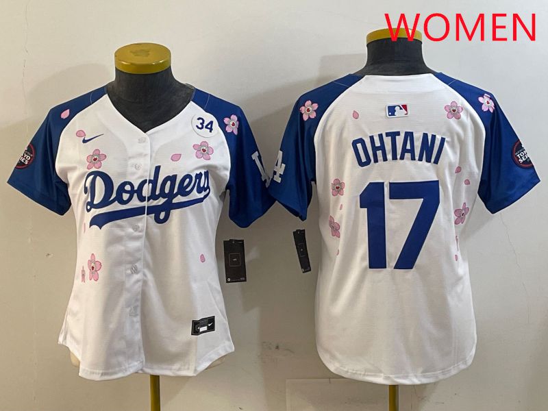 Women Los Angeles Dodgers #17 Ohtani White Blue Sakura Edition 2025 Nike MLB Jersey style 4->women mlb jersey->Women Jersey